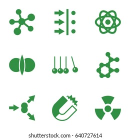 Physics icons set. set of 9 physics filled icons such as radiation, atom, atom fusion, atom move, magnet