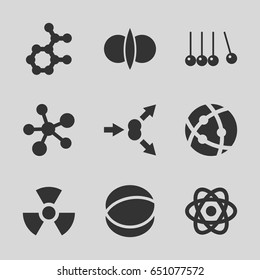 Physics icons set. set of 9 physics filled icons such as atom, radiation, atom fusion, atom move