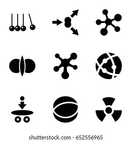 Physics icons set. set of 9 physics filled icons such as atom, radiation, atom fusion, atom move
