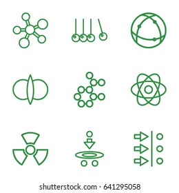 Physics icons set. set of 9 physics outline icons such as atom, radiation, cradle, atom fusion