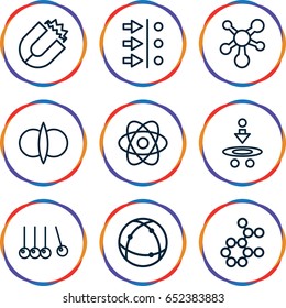 Physics icons set. set of 9 physics outline icons such as atom, magnet, cradle, atom fusion