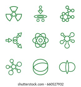 Physics icons set. set of 9 physics outline icons such as atom, radiation, atom fusion
