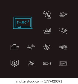 Physics icons set. Black hole and physics icons with cosmic radar, nuclear physics and 3d modeling. Set of chemistry for web app logo UI design.