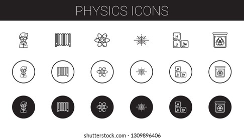 physics icons set. Collection of physics with scientist, radiator, atom, big bang, periodic table, radiation. Editable and scalable physics icons.