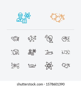 Physics icons set. Cosmology and physics icons with atomic physics, experiments in physics and electrons. Set of moon for web app logo UI design.