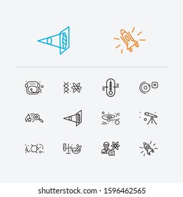 Physics icons set. Cosmology and physics icons with elementary particle physics, optical physics and astronaut helmet. Set of orbit for web app logo UI design.