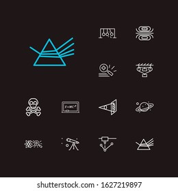 Physics icons set. Optical physics and physics icons with planet with ring, classical mechanics and physics formula. Set of orbit for web app logo UI design.