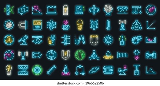 Physics icons set. Outline set of physics vector icons neon color on white