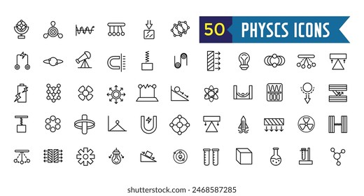 Physics icons set. Outline set of physics vector icons for ui design. Outline icon collection. Editable stroke.