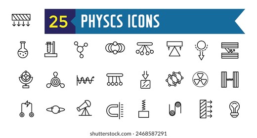 Physics icons set. Outline set of physics vector icons for ui design. Outline icon collection. Editable stroke.