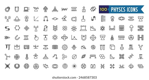 Physik-Symbole gesetzt. Umriss-Satz von Physik-Vektor-Icons für UI-Design. Kollektion des Gliederungssymbols. Bearbeitbarer Strich.