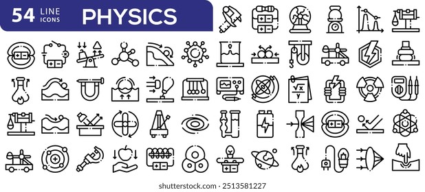 Ícones de física definidos. Conjunto de tópicos de física ícones de vetor cor da linha fina plana no branco