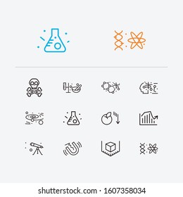 Physics icons set. Quantum physics and physics icons with nanotechnology, danger and gynaecology. Set of model for web app logo UI design.