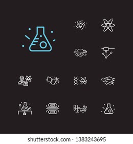 Physics icons set. Thermodynamics and physics icons with quantum physics, electrons and physics scientist. Set of orbit for web app logo UI design.