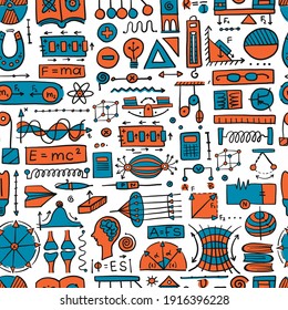 Physics Icons, Sign And Symbols. Seamless Pattern Background For Your Design. Vector Illustration