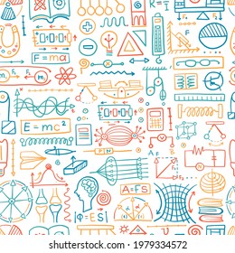 Physics Icons, Sign And Symbols. Seamless Pattern Background For Your Design