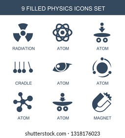physics icons. Trendy 9 physics icons. Contain icons such as radiation, atom, cradle, magnet. physics icon for web and mobile.