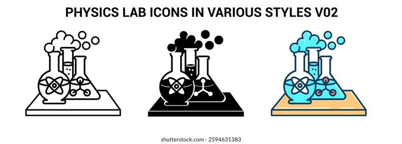 Physics Lab icon represented by beaker, atom Line, Filled, Color style.