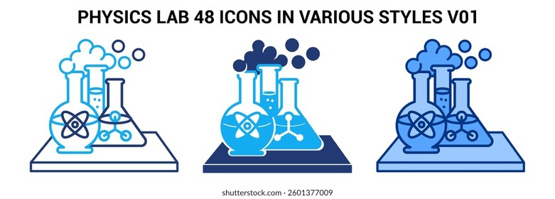 Physics Lab icon represented by beaker, atom Blue, Dualline, Dualtone style.