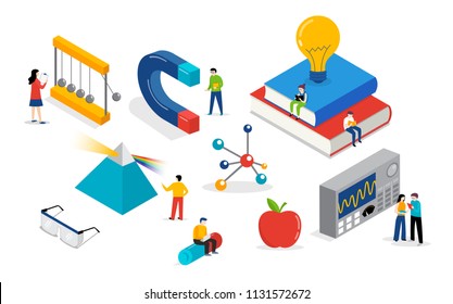 Physics lab and school class. Science, education scene with miniature people, students. Isometric, vector concept design