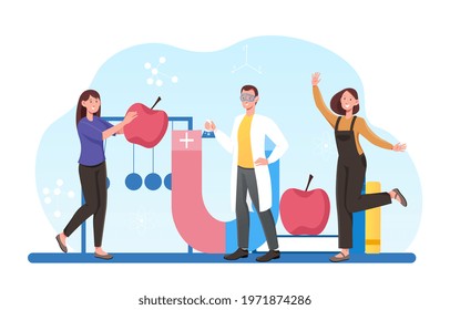 Physics lab with working tiny people. Creative banner for modern science, engineering, robotics, astrophysics and other disciplines. Flat abstract metaphor vector concept. Isolated on white background