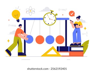 Physics Learning Vector Illustration featuring Students Exploring Electricity, Magnetism, Light Waves and Forces of Science and Technology Exploration