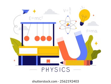 Physics Learning Vector Illustration featuring Students Exploring Electricity, Magnetism, Light Waves and Forces of Science and Technology Exploration