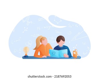 Physics Lesson. A Boy And A Girl Are Reading A Physics Book. Vector Illustration