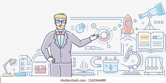 Physics lesson - colorful line design style illustration on white background. A male teacher standing at the board showing infographic charts. Images of workplace, microscope, telescope, battery