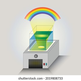 physics lesson experiment. Rainbow creation experiment. Overhead, paper and aquarium.