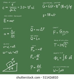 Physics lesson -  hand written law of physics equations set. Science vector illustration.