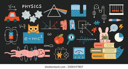 Physics lesson at school. Physics formulas, drawings, equipment for classes and cute characters on black chalkboard. Education and study concept. Trendy modern vector illustration, hand drawn, flat