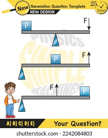 Física, Lever ejemplos ilustraciones vectoriales, máquinas simples, plantilla de preguntas de próxima generación, figuras de física tonta, preguntas de examen, eps 