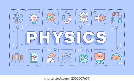 Physics light purple word concept. School subject. Natural science. Stem education. Lab equipment. Typography banner. Vector illustration with title text, editable icons color