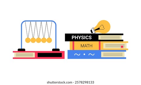 Physics And Math Books With Newtons Cradle In Flat Vector Illustration Symbolizing Science Education, Learning, And Academic Knowledge, Isolated On White Background