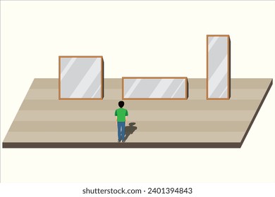 Physics mirrors. Child in front of the mirror. People in front of mirrors of different sizes. Mathematics, physics, geometry.