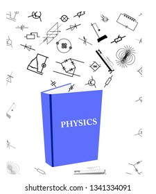 Physics natural science theory and formulas flying out of the book. Used for school education and paperwork, create by vector - vector graphic