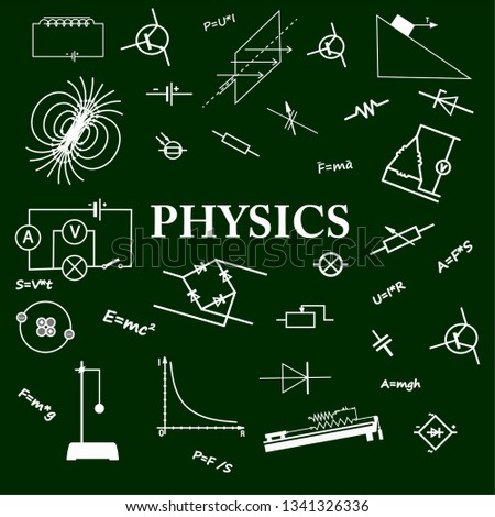 Physics, natural science theory and formulas on the school blackboard used for school education and paperwork, create by vector - Vector Graphics