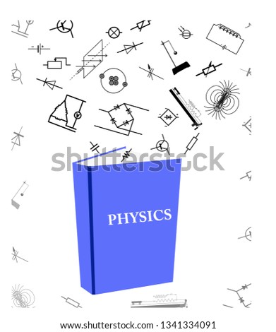 Physics natural science theory and formulas flying out of the book. Used for school education and paperwork, create by vector - vector graphic