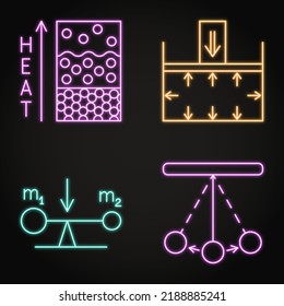 Physics Neon Icon Set In Line Style. Pendulum Oscillation, Aggregate States Of Matter, Pressure Force And Center Of Mass Symbols. Vector Illustration.