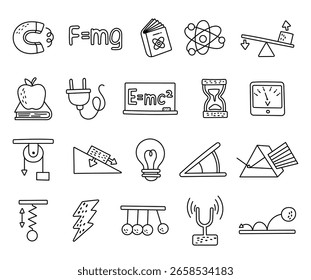 Physics object set in outline line art with magnet, atom, gravity, energy, formula, electricity, lightbulb, motion, mass and balance for scientific illustration and educational design projects