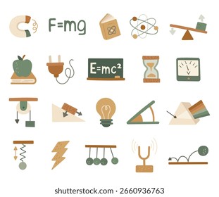 Physik-Objekt im skandinavischen Stil mit Magnet, Atom, Schwerkraft, Energie, Formel, Strom, Glühbirne, Bewegung, Masse und Balance für wissenschaftliche Illustration und Bildungs-Design-Projekte