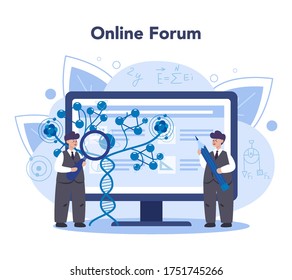 Physik-Online-Dienst oder Plattform. Wissenschaftler erforschen Elektrizität, Magnetismus, Lichtwellen und Kräfte. Online-Forum. Einzelne Vektorgrafik