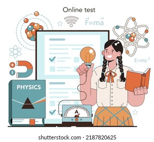 Physics online service or platform. Students explore magnetism, light wave and forces. Theoretical and practical school course. Online test. Flat vector illustration