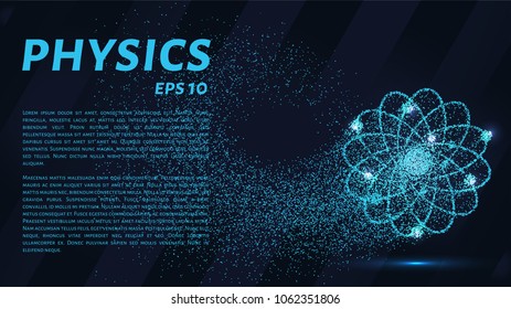 Physics of particles. Silhouette of an atom consists of small circles.