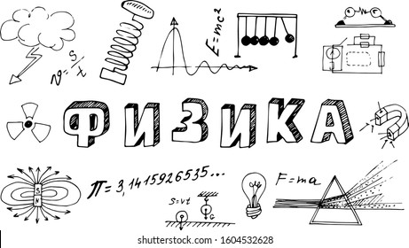 Physics. Poster with the name of the school subject physics in Russian Cyrillic. The inscription "physics" in the style of Doodle with icons on a white background. School subjects-tablets.