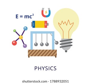 Physics poster - science education symbols and equipment isolated on white background. School subject elements - magnetic objects, formula, lightbulb, vector illustration.