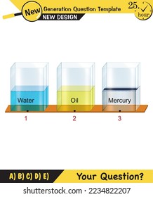 Physics, pressure and lifting force, archimedes principle, pressure of liquids and gases, containers filled with water, next generation question template, exam question, eps  
