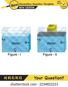 Physics, pressure and lifting force, archimedes principle, pressure of liquids and gases, containers filled with water, next generation question template, exam question, eps  
