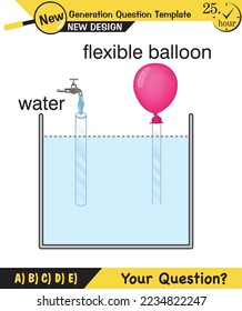 Physics, pressure and lifting force, archimedes principle, pressure of liquids and gases, containers filled with water, next generation question template, exam question, eps  
